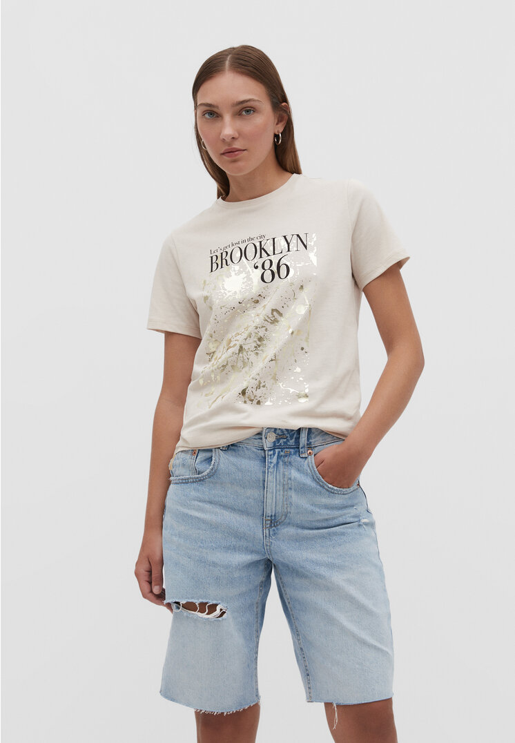Stradivarius Shirt mit Glitzermotiv Steingrau XL