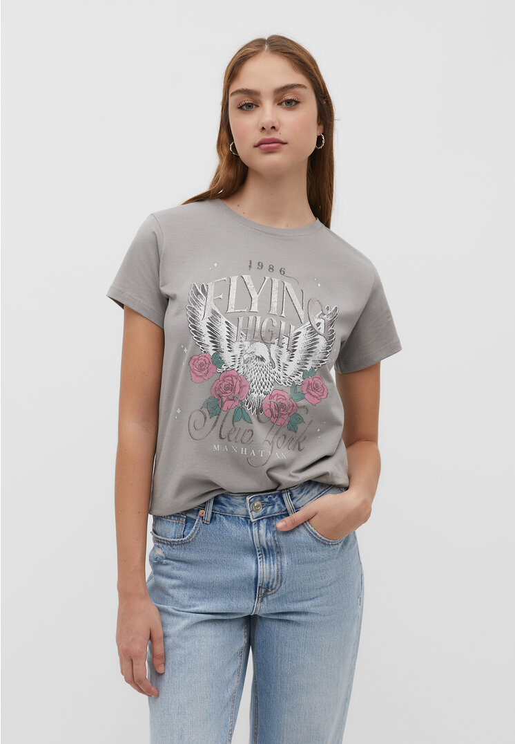 Stradivarius Shirt mit Glitzer und Grafik Grau XL