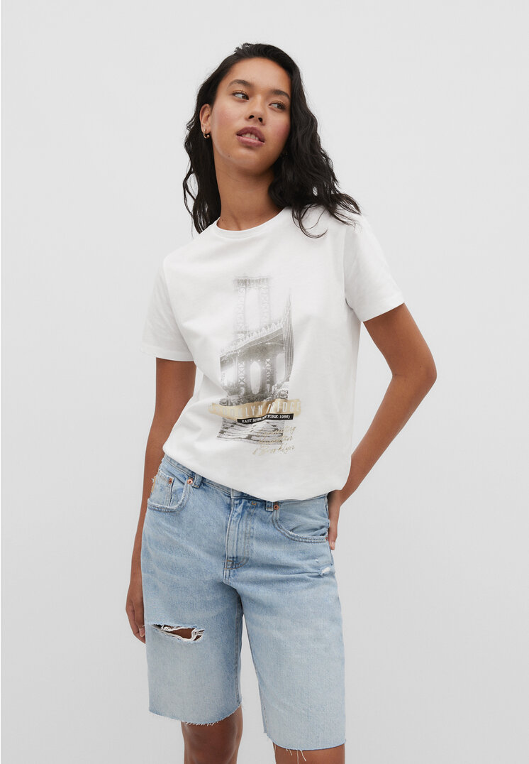 Stradivarius Shirt mit Foliendruck und Motiv Weiß XS