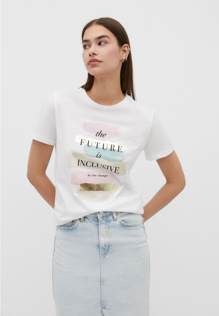 Stradivarius Shirt mit Foliendruck und Motiv Goldfarben M
