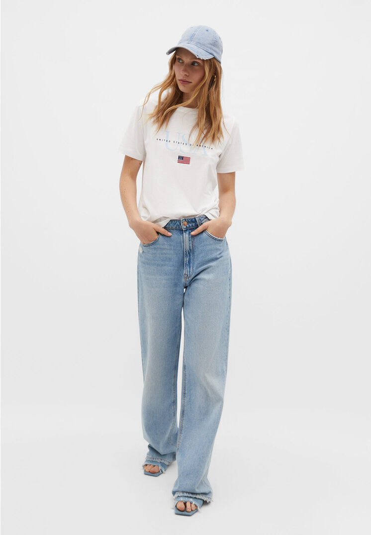 Stradivarius Shirt mit USA-Stickerei Weiß M