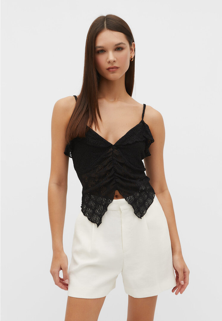 Stradivarius Top mit Volants und Spitzenkante Schwarz XS