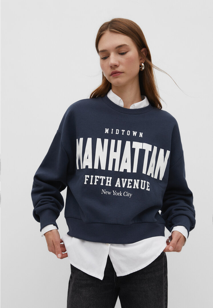 Stradivarius Sweatshirt im Boxy-Fit mit Print Dunkelblau S