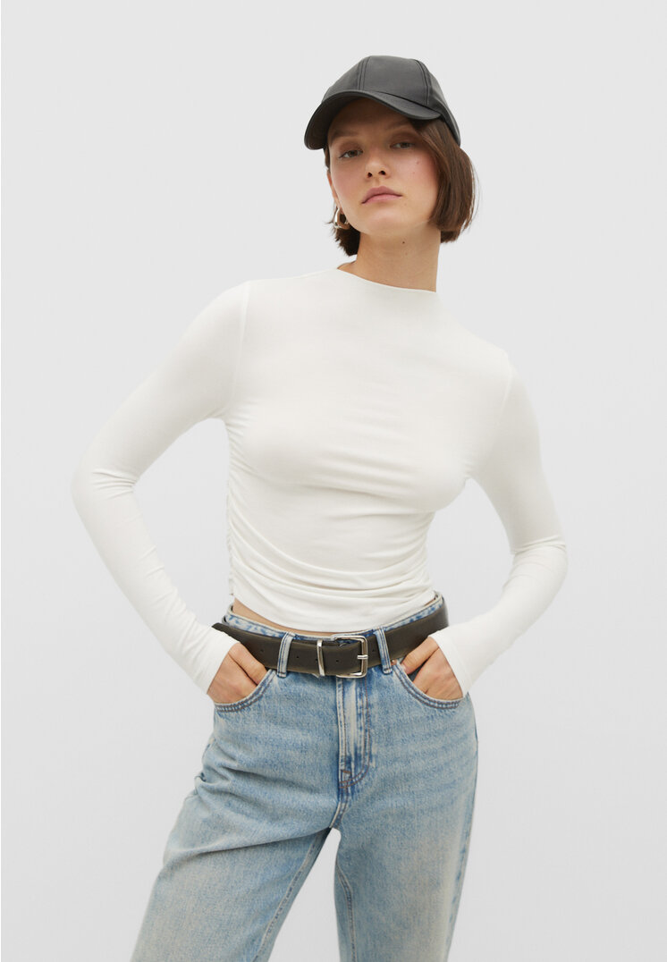 Stradivarius Marszczona koszulka z wiskozy Ecru XL