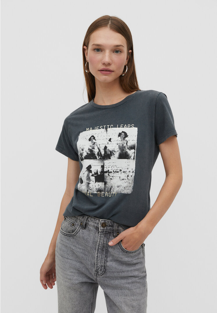 Stradivarius Shirt mit Foliendruck im Washed-Look Graumeliert L