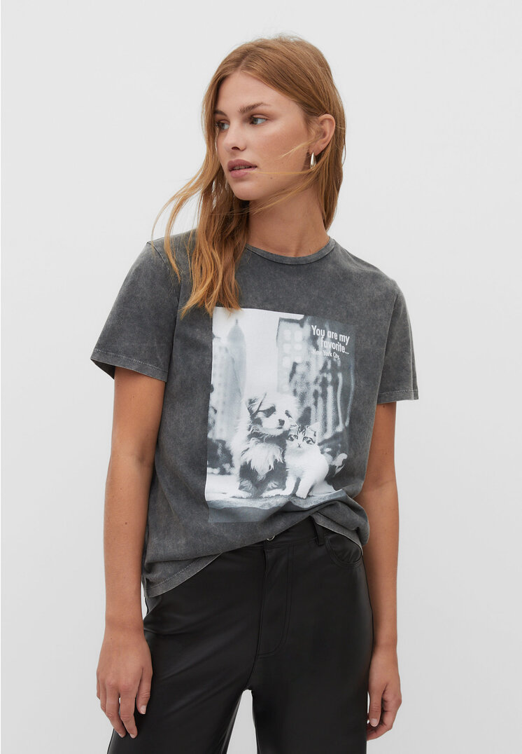 Stradivarius Shirt im Acid-Wash-Look mit Haustiermotiv Graumeliert M