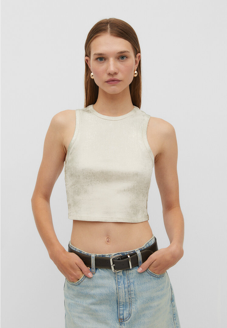 Stradivarius Racing-Top mit Glitzer Beige XS