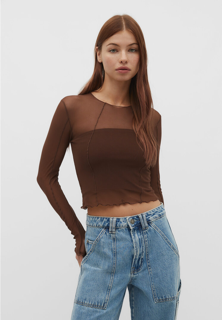 Stradivarius Tiulowy top z przeszyciami Brązowy L