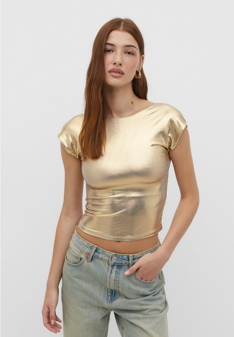 Stradivarius Metaliczna koszulka z odkrytymi plecami Złoty XL
