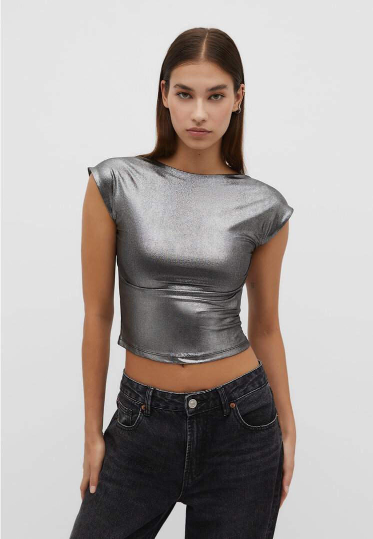 Stradivarius Rückenfreies Metallic-Shirt Graumeliert XL
