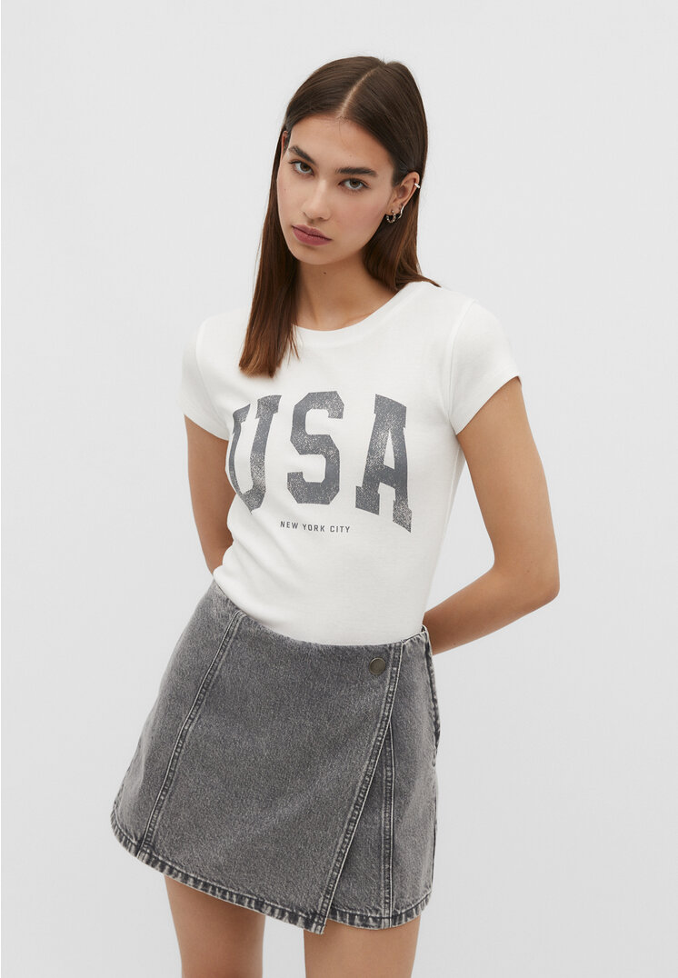 Stradivarius T-Shirt mit Print Weiß L