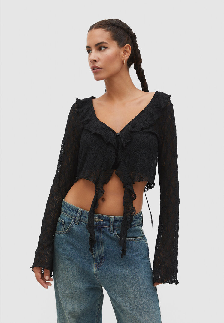 Stradivarius Koronkowy top z falbanami Czarny L