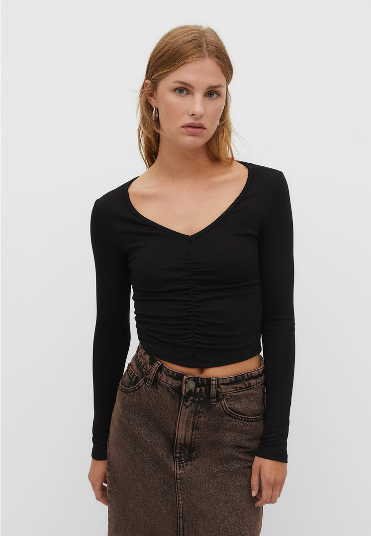 Stradivarius Marszczony top z dekoltem w serek Czarny XS