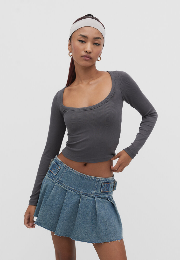 Stradivarius Shirt im Rippenstrick mit langen Ärmeln Grau S