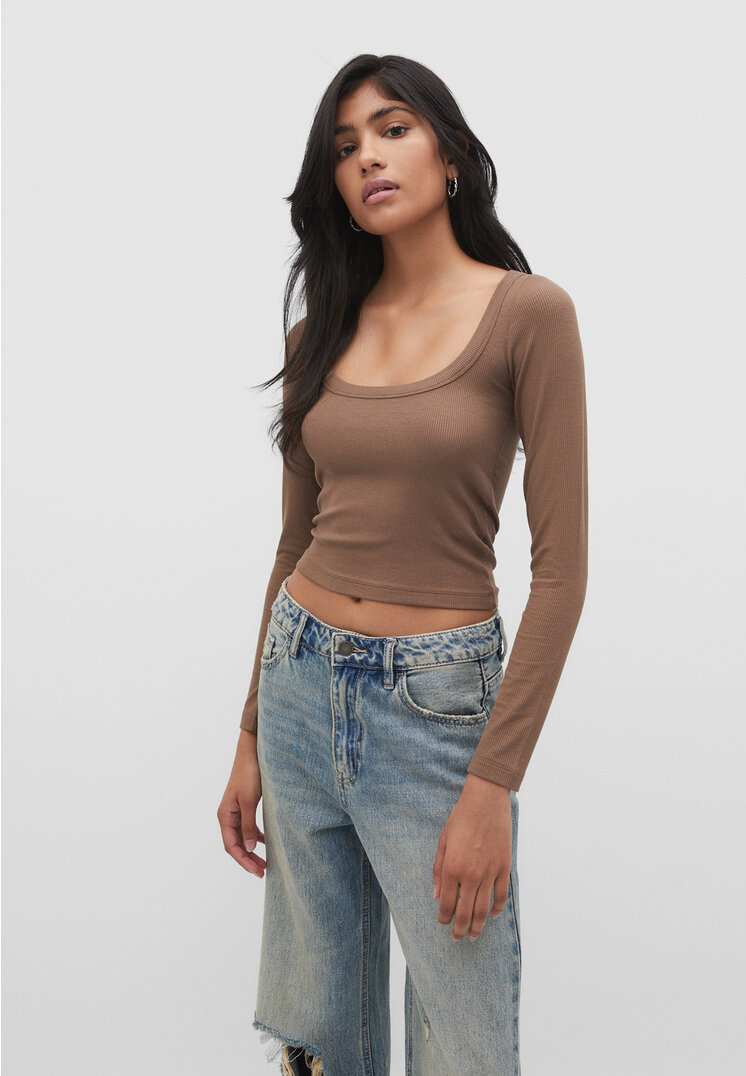 Stradivarius Shirt im Rippenstrick mit langen Ärmeln Braun XS