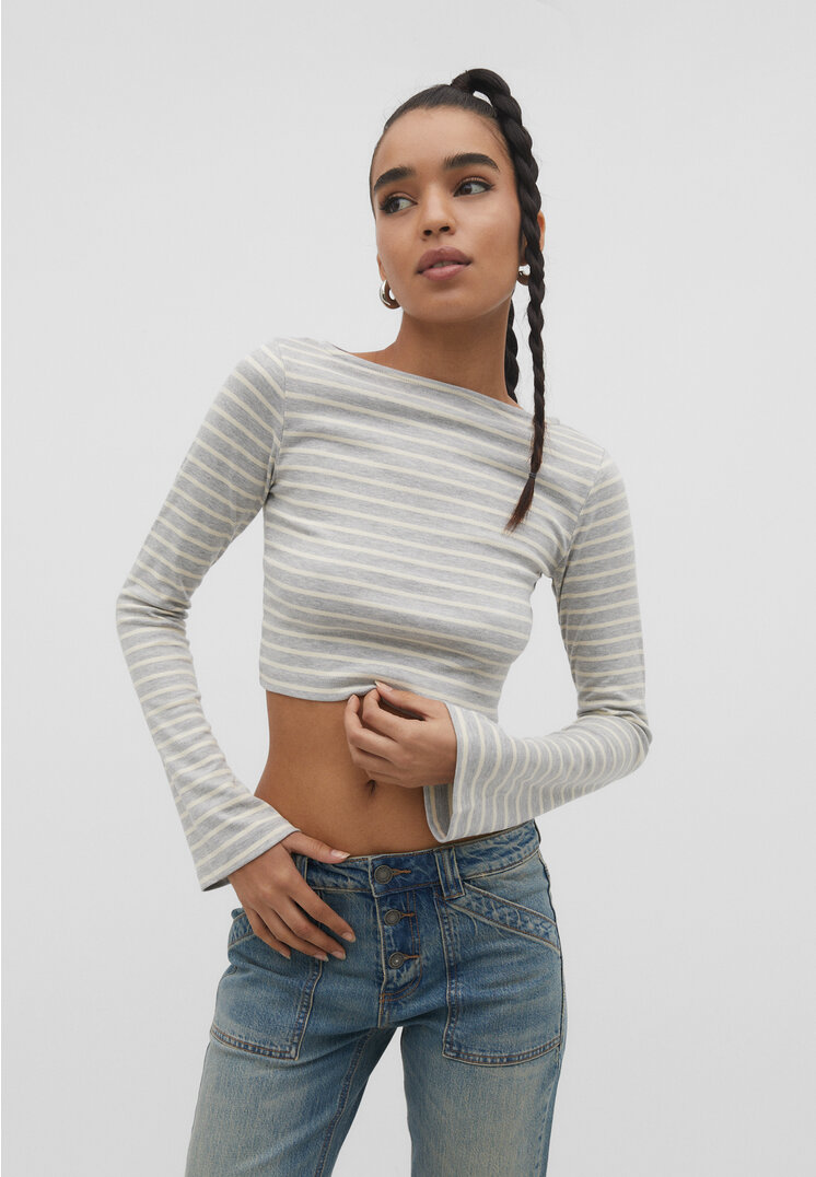 Stradivarius Gestreiftes Shirt mit Glockenärmeln Grau Melange M