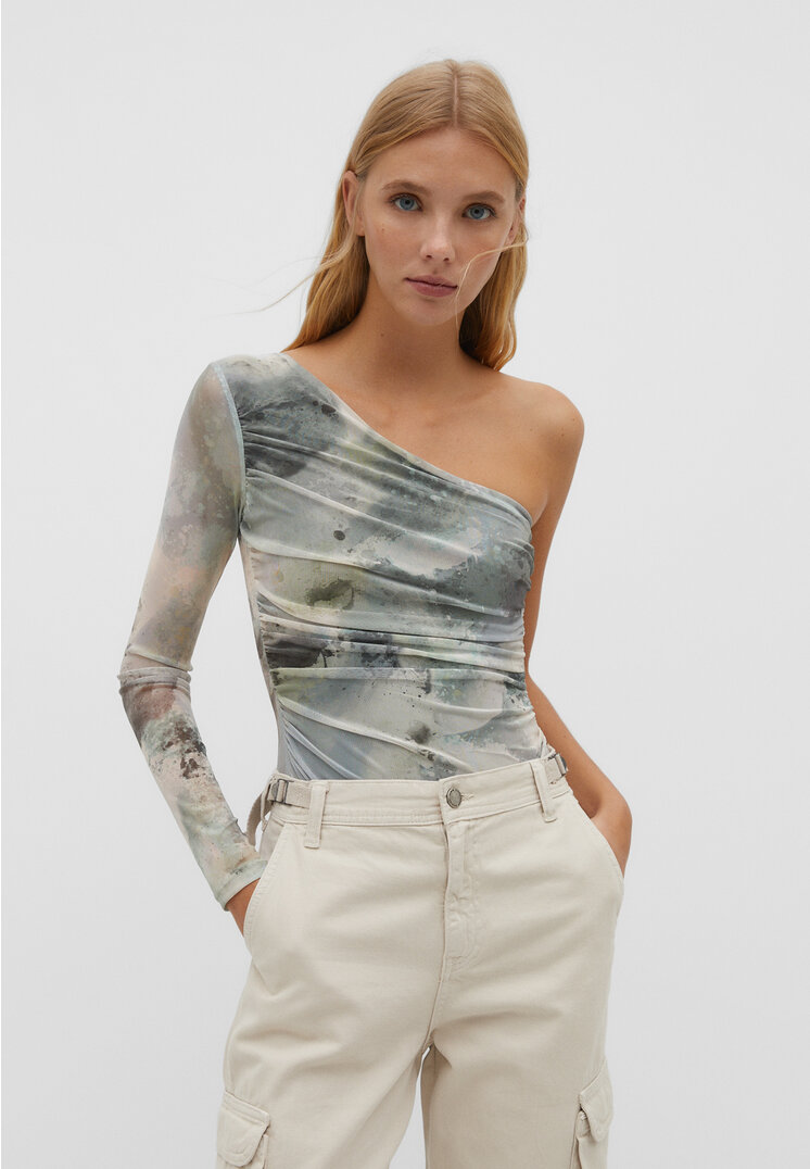 Stradivarius Asymmetrischer Body aus Tüll mit Print Grün L