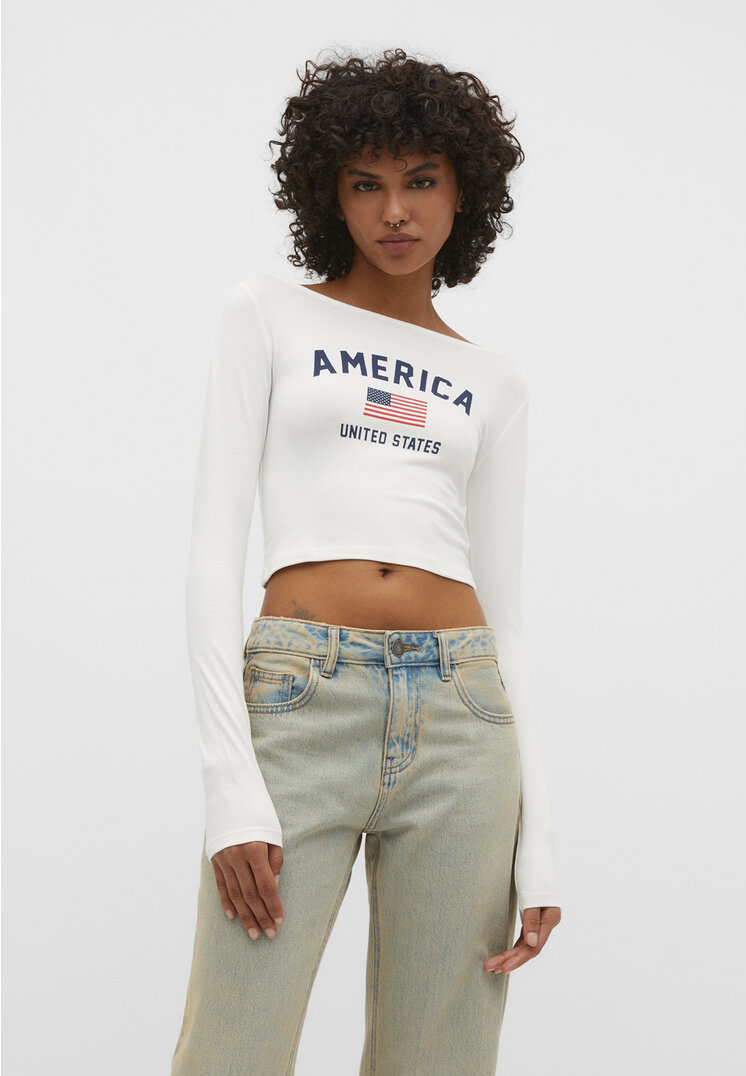 Stradivarius Shirt mit Bateau-Ausschnitt und Print Ecru XS