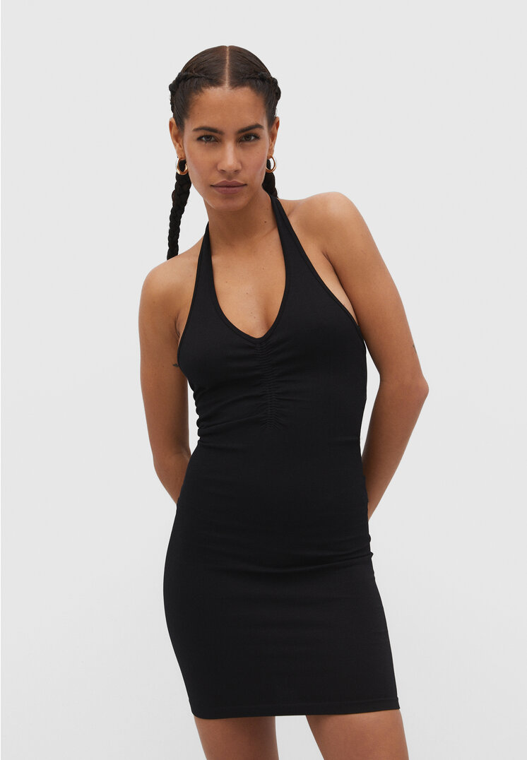 Stradivarius Neckholder-Kleid mit Raffung Schwarz M