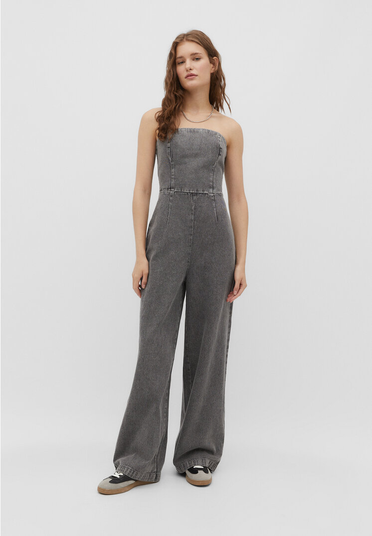 Stradivarius Jeansowy kombinezon bez ramiączek Czarny denim L