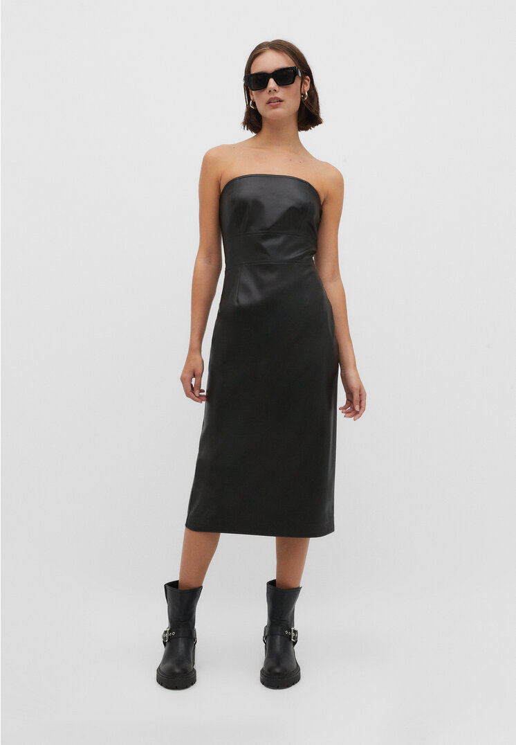 Stradivarius Midikleid aus Kunstleder Schwarz S