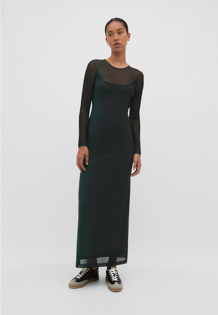 Stradivarius Langes Tüllkleid mit Print Flaschengrün S