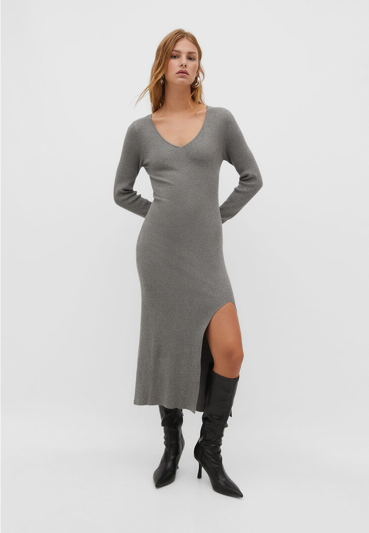 Stradivarius Midi-Strickkleid mit V-Ausschnitt Graumeliert XS