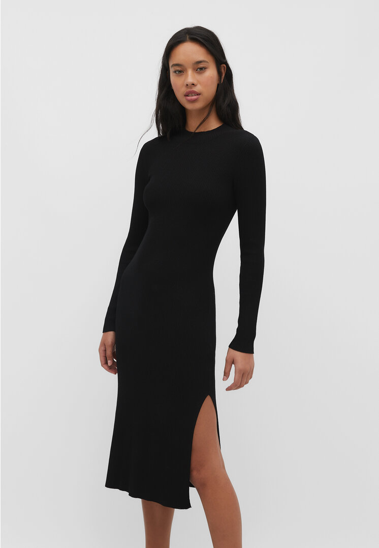 Stradivarius Strick-Midikleid mit geripptem Stehkragen Schwarz XL