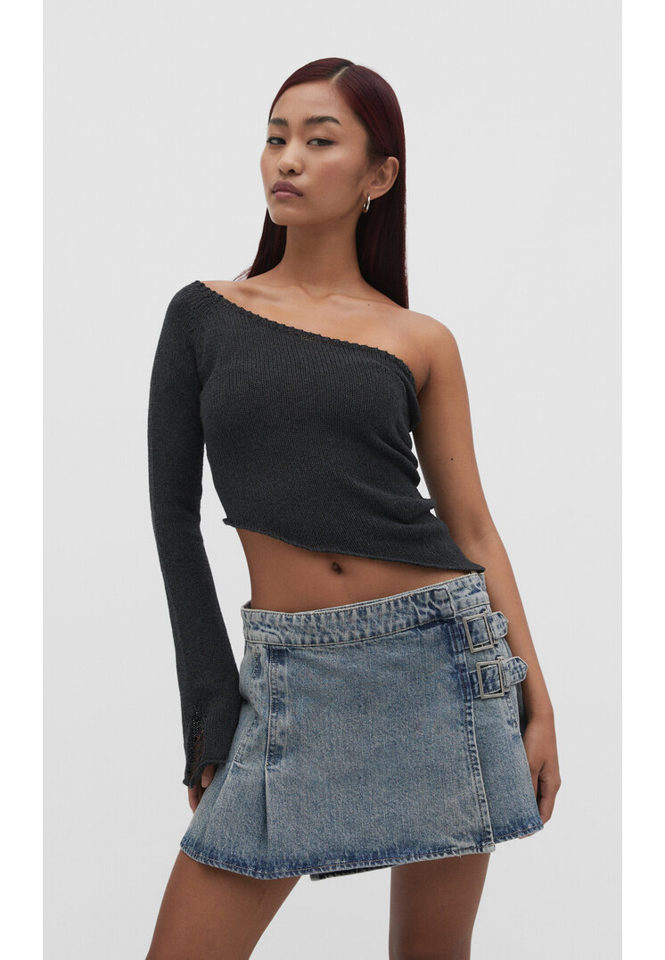 Stradivarius Asymmetrischer Strickpullover Dunkelgrau L