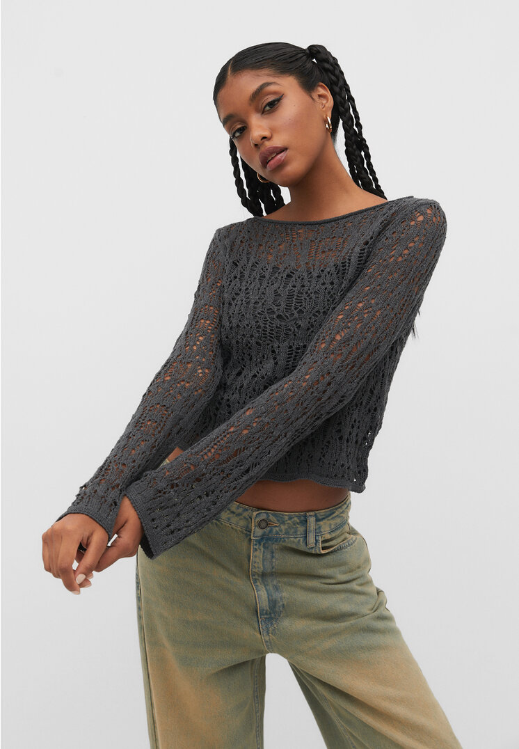 Stradivarius Strickpullover mit Lochmuster Grau M
