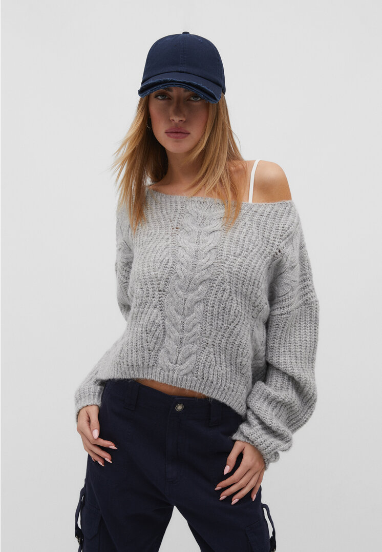 Stradivarius Sweter z warkoczami Ciemnoszary XS