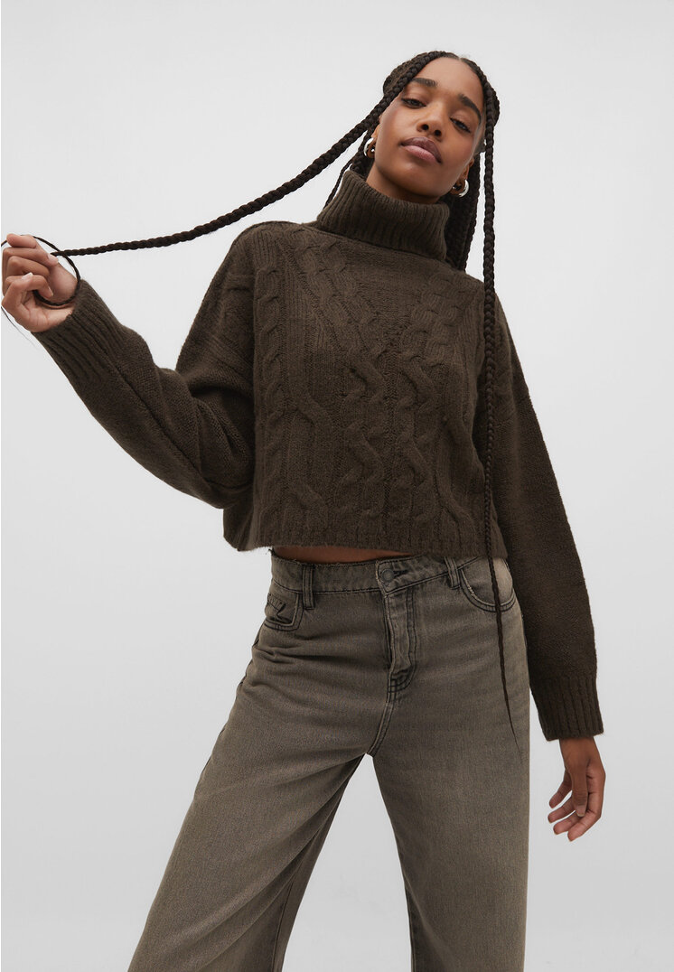 Stradivarius Strickpullover mit Zopfmuster Braun M