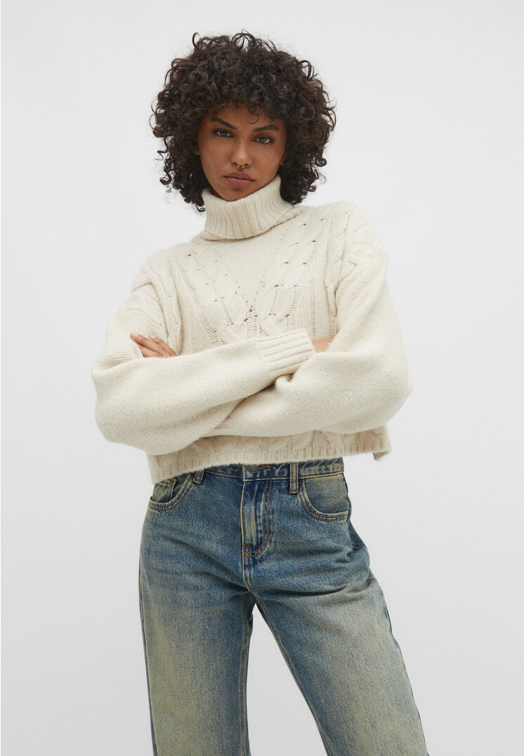Stradivarius Sweter z warkoczami Beżowy S