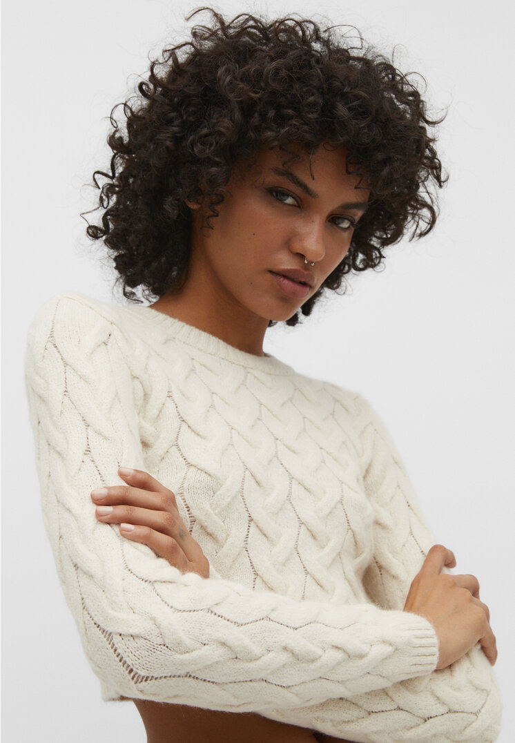 Stradivarius Cropped-Strickpullover mit Zopfmuster Beige S