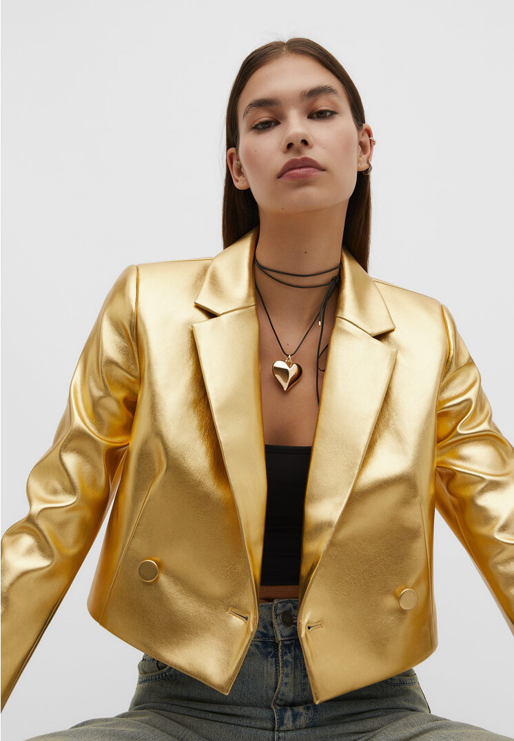 Stradivarius Cropped-Blazer aus Kunstleder Goldfarben XL