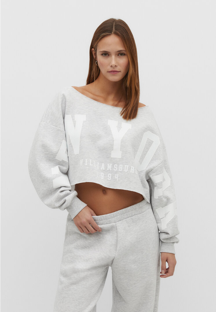 Stradivarius Cropped-Sweatshirt mit Bateau-Ausschnitt Grau Melange M