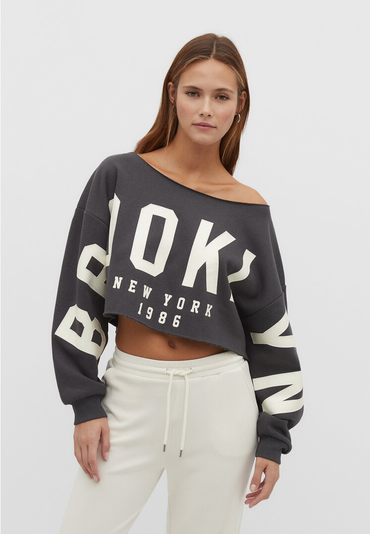 Stradivarius Cropped-Sweatshirt mit Bateau-Ausschnitt Graumeliert XS