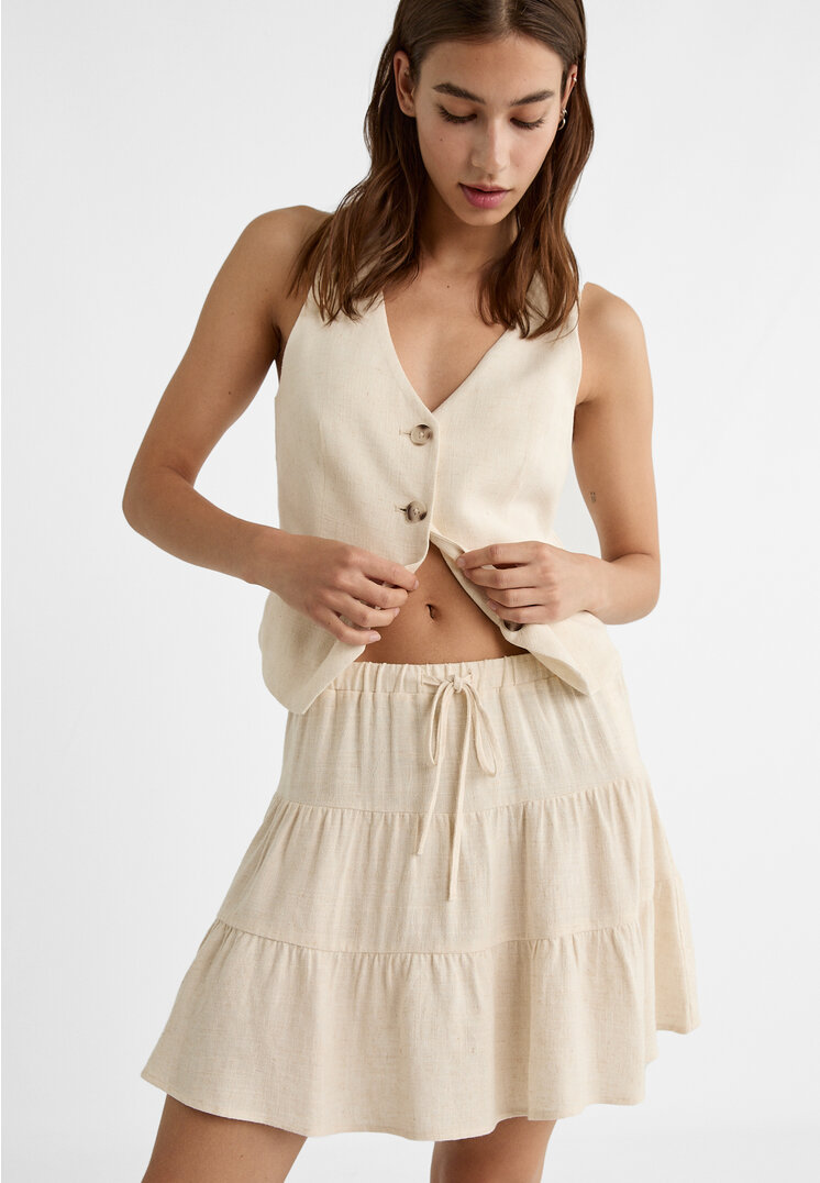 Stradivarius Luźna spódnica mini z mieszanki lnu Kamień XS