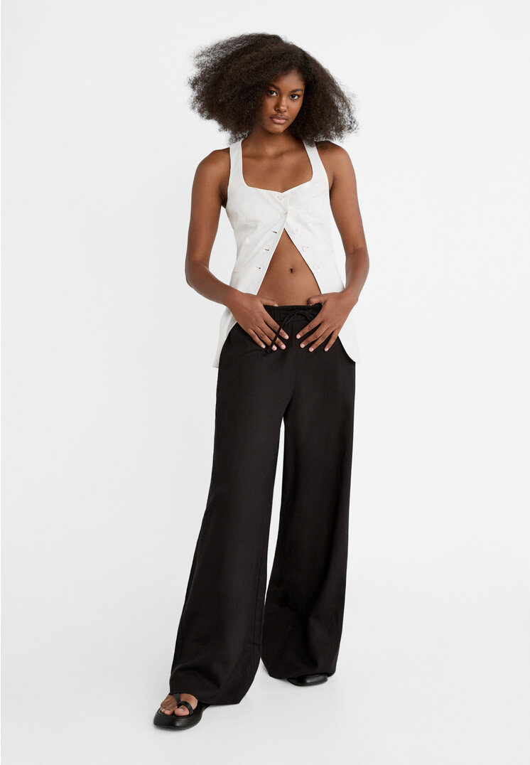Stradivarius Wide-Leg-Hose mit Stretchbund und Leinenanteil Schwarz XS