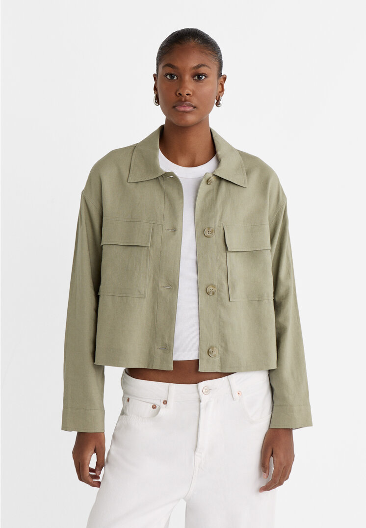 Stradivarius Krótka kurtka w paski z mieszanki lnu z podszewką Khaki XL
Stradivarius Krótka kurtka w paski z mieszanki lnu z podszewką Khaki XL