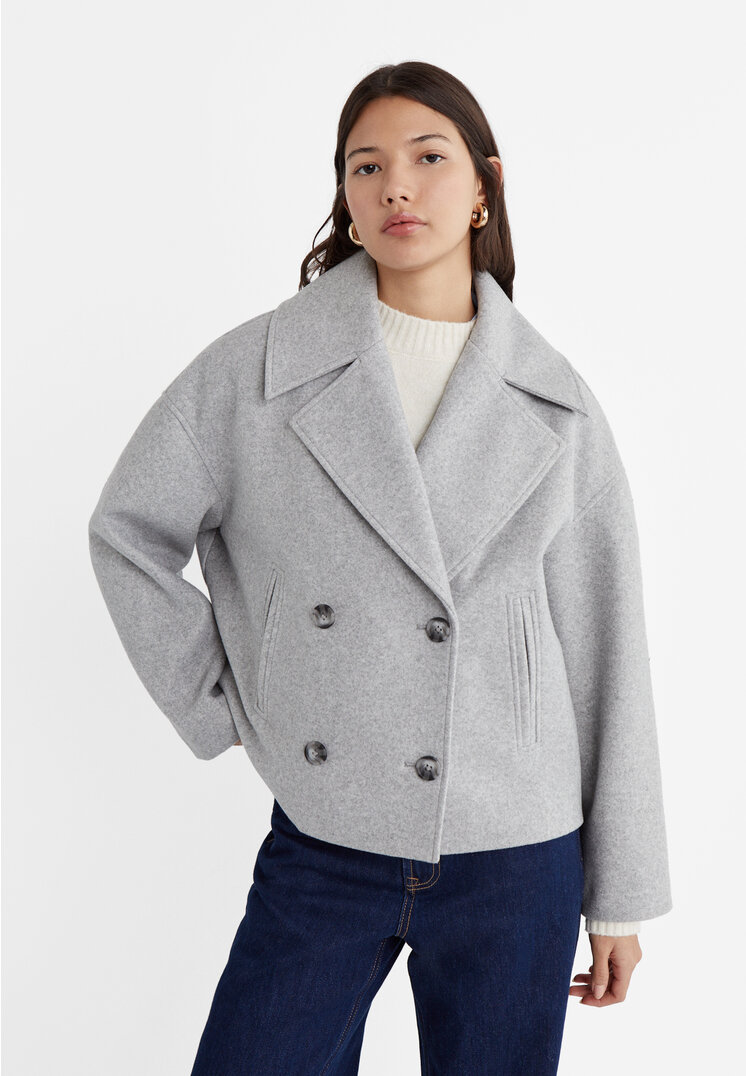 Stradivarius Kurzer zweireihiger Mantel Grau Melange L