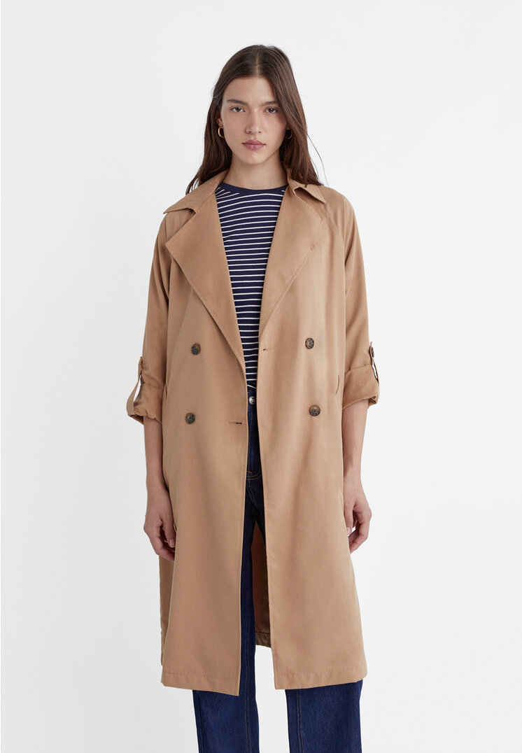 Stradivarius Langer, fließender Trenchcoat Beige M
