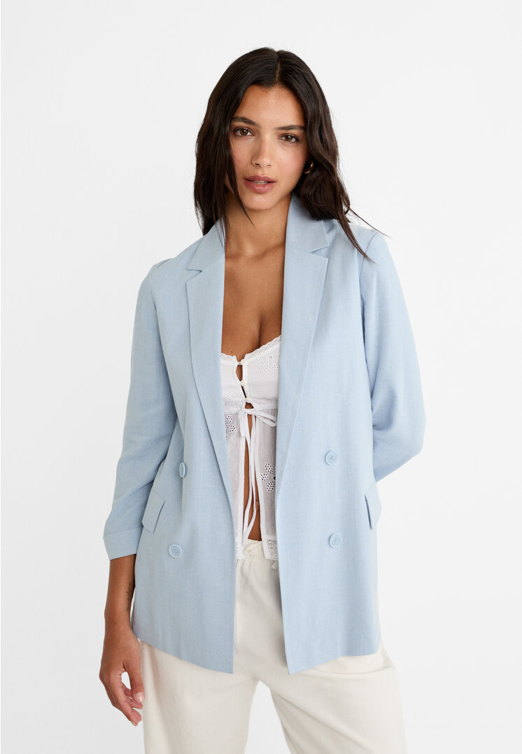 Stradivarius Offener fließender Blazer mit Leinenanteil und Knöpfe Himmelblau M
Stradivarius Offener fließender Blazer mit Leinenanteil und Knöpfe Himmelblau M