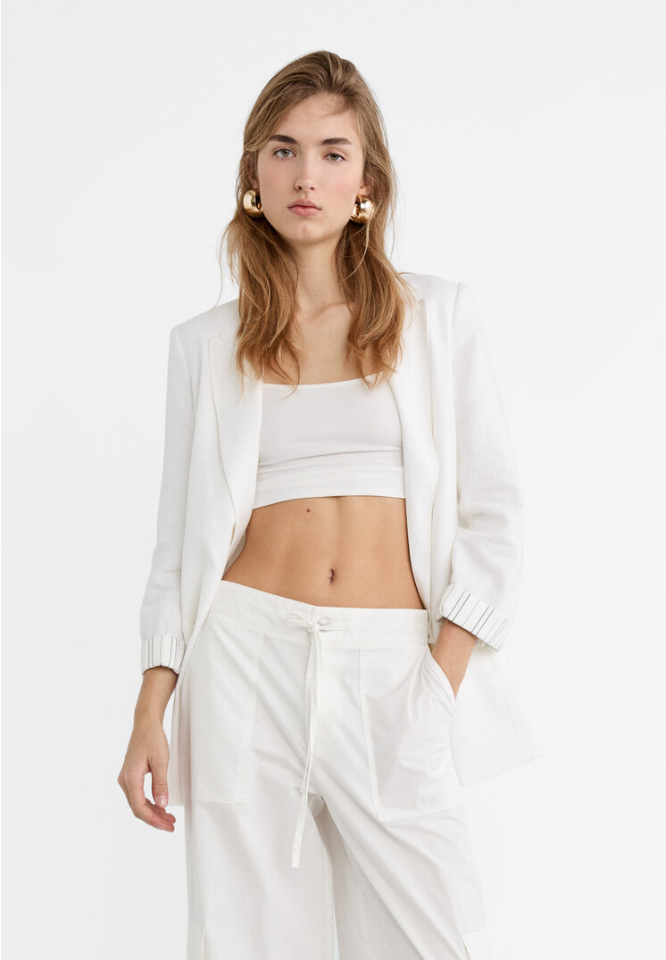 Stradivarius Offener fließender Blazer mit Leinenanteil Ecru XL