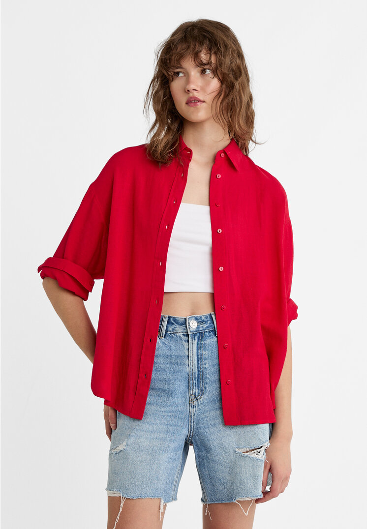 Stradivarius Hemd mit Leinenanteil Rot M