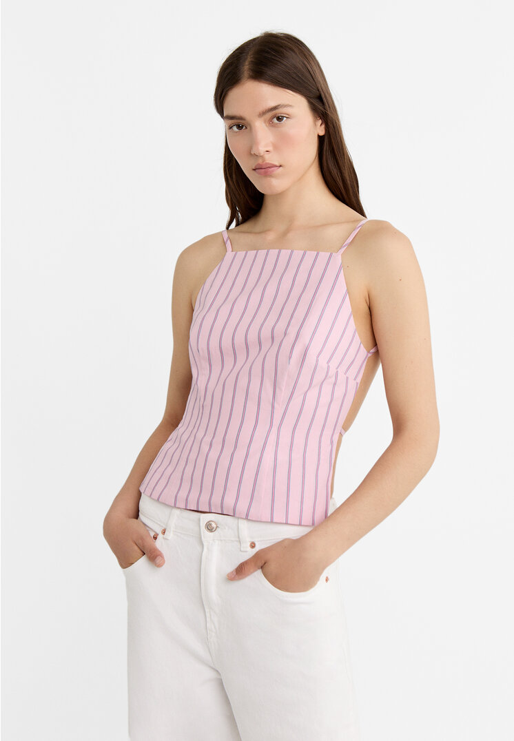 Stradivarius Top z dekoltem halter i odkrytymi plecami Pastelowy róż XL