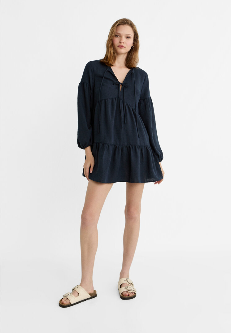 Stradivarius Kleid fließend kurz Schleifen Marineblau XL