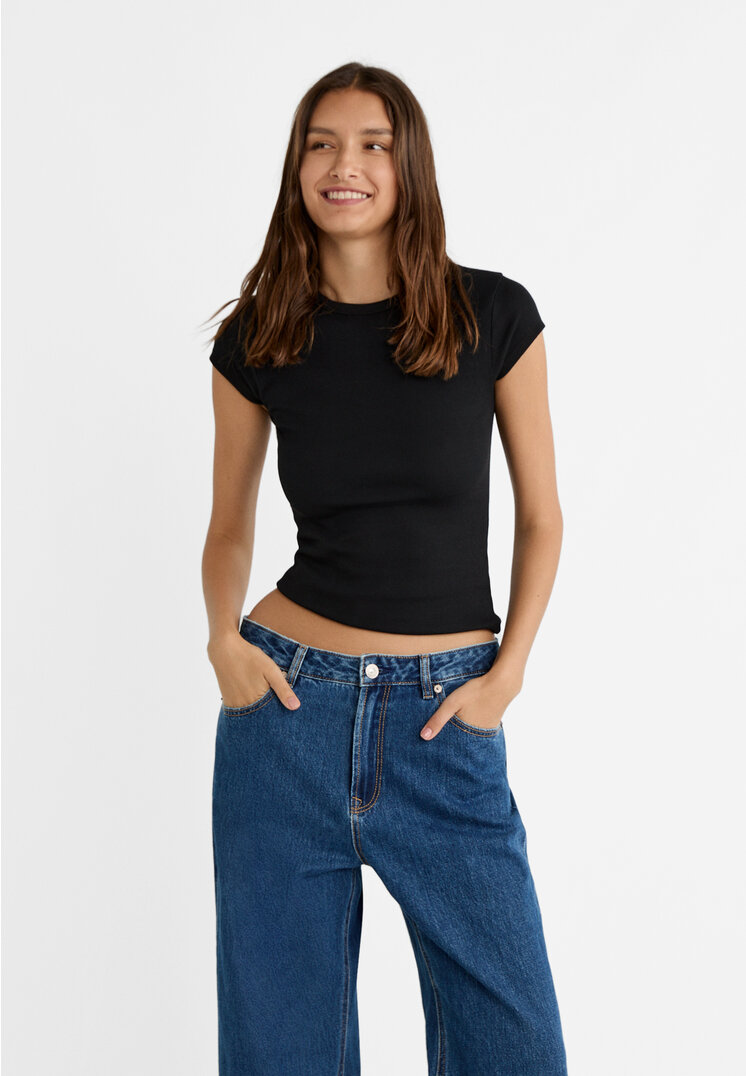 Stradivarius Shirt im Rippenstrick Schwarz XL