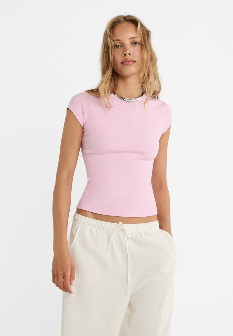 Stradivarius Shirt im Rippenstrick Pastellrosa S