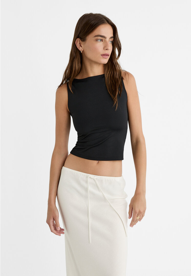Stradivarius Shirt aus Polyamid mit Bateau-Ausschnitt Schwarz XL